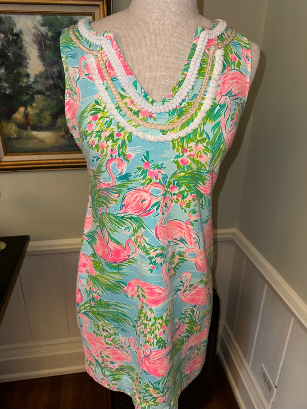 Lilly Pulitzer Harper Pink Flamingo Shift Dress Aqua Background Small S Resort